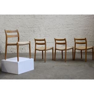 Set of 4 vintage Scandinavian chairs model 84 for Moller in wood and rope