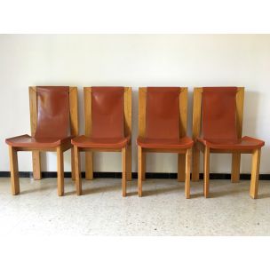 Suite de 4 chaises vintage françaises pour Maison Regain en orme et cuir 1980