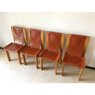 Suite de 4 chaises vintage françaises pour Maison Regain en orme et cuir 1980