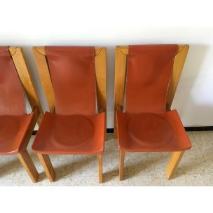 Suite de 4 chaises vintage françaises pour Maison Regain en orme et cuir 1980