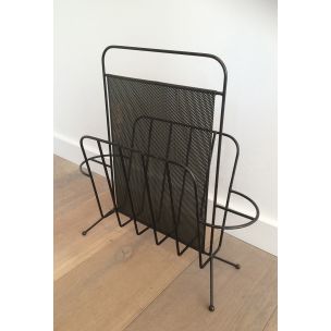 Vintage French black metal magazine rack, 1950