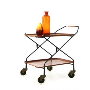 Vintage foldable serving cart with in teakwood and in steel 1950