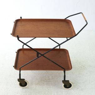 Vintage foldable serving cart with in teakwood and in steel 1950