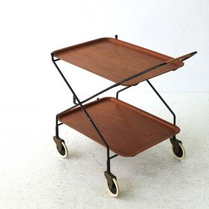 Vintage foldable serving cart with in teakwood and in steel 1950