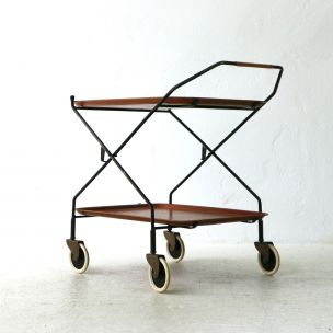 Vintage foldable serving cart with in teakwood and in steel 1950