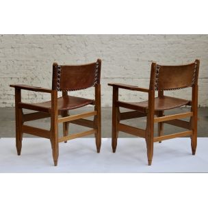 Pair of vintage armchairs for Arte Sano in teak and leather 1960