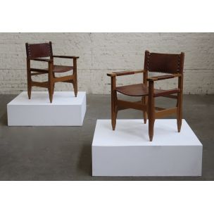 Pair of vintage armchairs for Arte Sano in teak and leather 1960