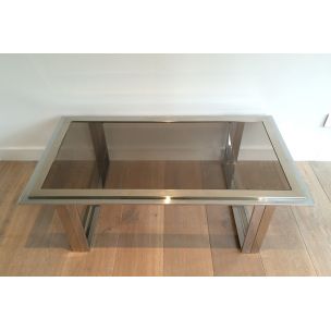 Table basse vintage française en chrome et laiton, 1970