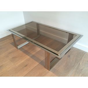 Table basse vintage française en chrome et laiton, 1970