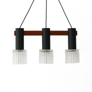 Vintage three-light chandelier in teak, steel and structured glass, Germany 1960