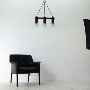 Vintage three-light chandelier in teak, steel and structured glass, Germany 1960