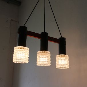Vintage three-light chandelier in teak, steel and structured glass, Germany 1960