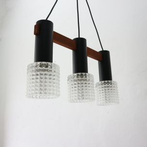 Kronleuchter mit drei Vintage-Lampen aus Teakholz, Stahl und strukturiertem Glas, Deutschland 1960