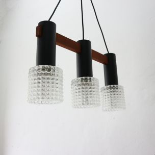 Lampadario vintage a tre luci in teak, acciaio e vetro strutturato, Germania 1960