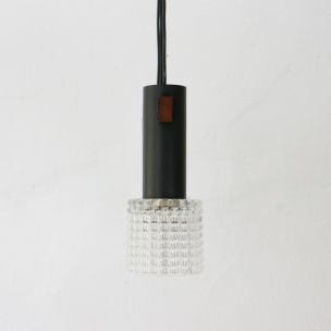 Vintage three-light chandelier in teak, steel and structured glass, Germany 1960