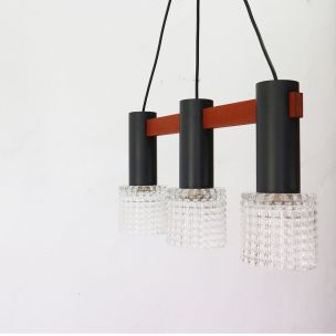 Vintage three-light chandelier in teak, steel and structured glass, Germany 1960