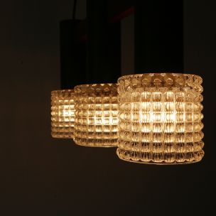 Vintage three-light chandelier in teak, steel and structured glass, Germany 1960