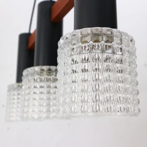 Vintage three-light chandelier in teak, steel and structured glass, Germany 1960