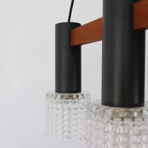 Vintage three-light chandelier in teak, steel and structured glass, Germany 1960