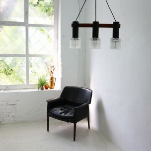 Vintage three-light chandelier in teak, steel and structured glass, Germany 1960