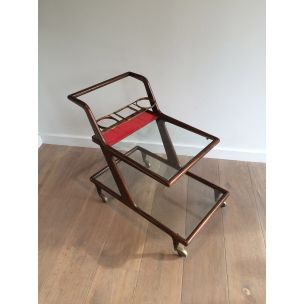 Vintage wood, brass and glass table on wheels, 1950