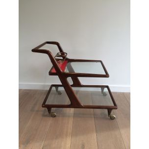 Vintage wood, brass and glass table on wheels, 1950