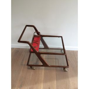 Vintage wood, brass and glass table on wheels, 1950