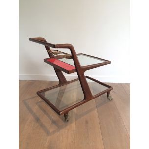 Table vintage roulante en bois, laiton et verre, 1950