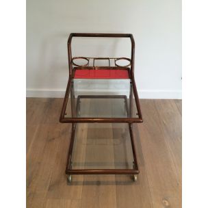 Vintage wood, brass and glass table on wheels, 1950