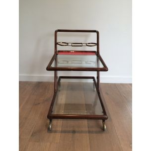 Vintage wood, brass and glass table on wheels, 1950