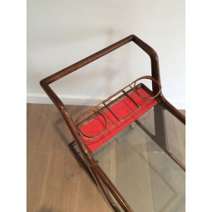 Table vintage roulante en bois, laiton et verre, 1950
