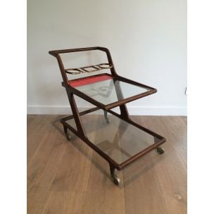 Table vintage roulante en bois, laiton et verre, 1950