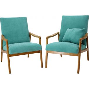 Pair of vintage armchairs in green fabric and wood 1960s