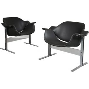 Pair of vintage armchairs for Kembo in black leather and metal 1960