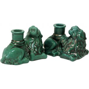 Vintage green ceramic candlelight lions St. Eriks, Uppsala