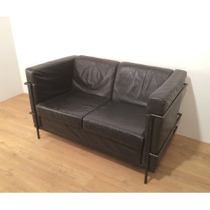 Vintage sofa in black leather and black lacquered metal