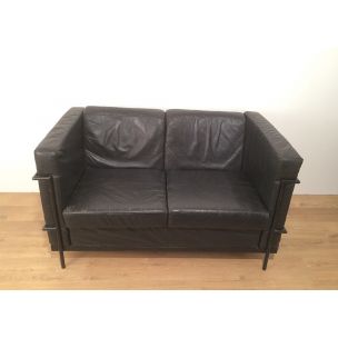 Vintage sofa in black leather and black lacquered metal