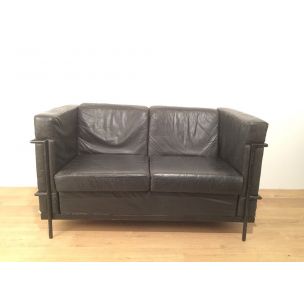 Vintage sofa in black leather and black lacquered metal