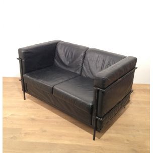 Vintage sofa in black leather and black lacquered metal