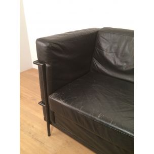 Vintage sofa in black leather and black lacquered metal