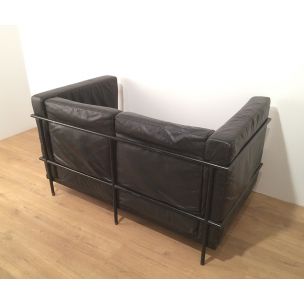 Vintage sofa in black leather and black lacquered metal