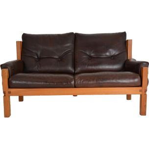 vintage S 22 sofa by Pierre Chapo in brown leather and elm 1960