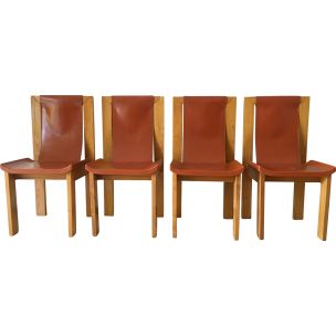 Suite de 4 chaises vintage françaises pour Maison Regain en orme et cuir 1980