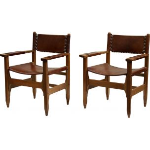 Pair of vintage armchairs for Arte Sano in teak and leather 1960