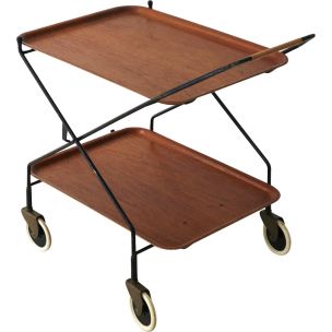 Vintage foldable serving cart with in teakwood and in steel 1950