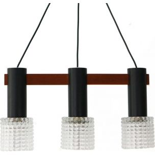 Vintage three-light chandelier in teak, steel and structured glass, Germany 1960