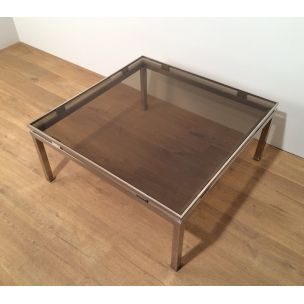 Square vintage coffee table in brushed metal and glass by Guy Lefèvre, 1970