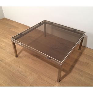 Table basse vintage carrée en métal brossé et verre par Guy Lefèvre, 1970