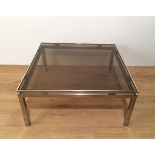 Square vintage coffee table in brushed metal and glass by Guy Lefèvre, 1970