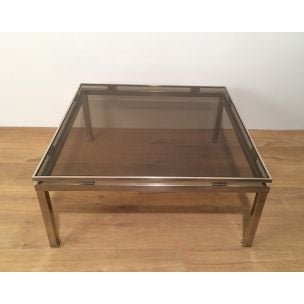 Table basse vintage carrée en métal brossé et verre par Guy Lefèvre, 1970